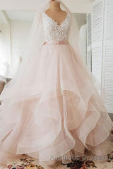 Unique v neck tulle lace long Evening Prom Dresses, tulle wedding Dresses