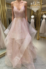 Unique v neck tulle sequin long Evening Prom Dresses sequin formal Dresses
