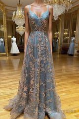 Unique v neck tulle sequin long Evening Prom Dresses, sequin long evening Dresses
