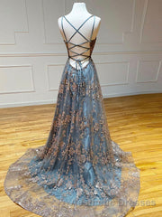 Unique v neck tulle sequin long Evening Prom Dresses, sequin long evening Dresses