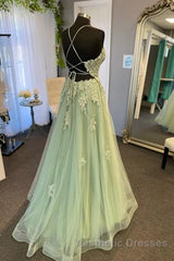 V Neck A Line Green Tulle Long Evening Prom Dresses With Applique