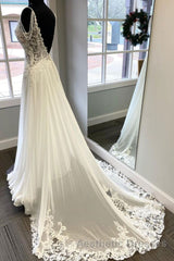 V Neck and V Back White Lace Long Evening Prom Dresses, White Lace Wedding Dresses, Long White Formal Evening Dresses
