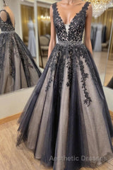 V Neck Backless Black Lace Long Evening Prom Dresses, Black Lace Formal Dresses, Black Evening Dresses