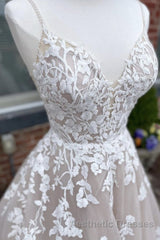V Neck Backless Champagne Lace Appliques Long Evening Prom Dresses, Champagne Lace Formal Evening Dresses