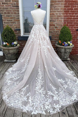 V Neck Backless Champagne Lace Appliques Long Evening Prom Dresses, Champagne Lace Formal Evening Dresses