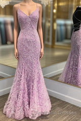 V Neck Backless Mermaid Purple Lace Long Evening Prom Dresses, Mermaid Purple Formal Dresses, Purple Lace Evening Dresses