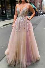 V Neck Backless Pink Lace Floral Long Evening Prom Dresses, Pink Lace Formal Dresses, Pink Evening Dresses