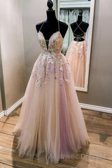 V Neck Backless Pink Lace Floral Long Evening Prom Dresses, Pink Lace Formal Dresses, Pink Evening Dresses