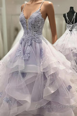 V Neck Backless Ruffles Appliques Tulle Blue Evening Prom Dresses
