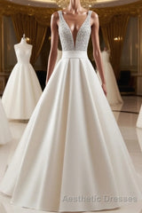 V Neck Backless White Evening Prom Dresses With Beads, V Neck Formal Dresses, White Evening Dresses