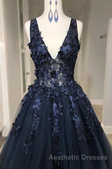 V Neck Beaded Black Lace Appliques Long Evening Prom Dresses, Black Lace Formal Graduation Evening Dresses