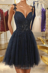 V Neck Beaded Navy Blue Lace Evening Prom Dresses, Navy Blue Lace Homecoming Dresses, Short Navy Blue Formal Graduation Evening Dresses