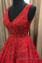 V Neck Burgundy Lace Long Evening Prom Dresses, Burgundy Lace Formal Dresses, Burgundy Evening Dresses