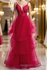 V Neck Burgundy Lace Evening Prom Dresses, Wine Red Lace Formal Evening Graduation Dresses