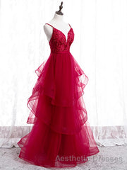 V Neck Burgundy Lace Evening Prom Dresses, Wine Red Lace Formal Evening Graduation Dresses