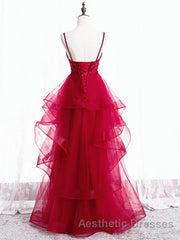 V Neck Burgundy Lace Evening Prom Dresses, Wine Red Lace Formal Evening Graduation Dresses