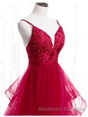 V Neck Burgundy Lace Evening Prom Dresses, Wine Red Lace Formal Evening Graduation Dresses