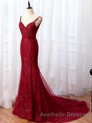 V Neck Burgundy Mermaid Lace Evening Prom Dresses, Wine Red Mermaid Lace Formal Bridesmaid Dresses