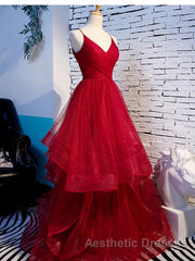 V Neck Burgundy Evening Prom Dresses, Wine Red V Neck Formal Evening Dresses