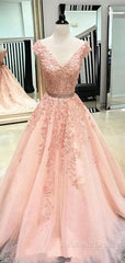 V Neck Cap Sleeves Peach Lace A-Line Long Evening Evening Prom Dresses