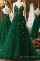 V Neck Dark Green Lace Long Evening Prom Dresses, V Neck Dark Green Lace Long Formal Evening Dresses
