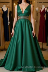 V Neck Emerald Green Satin Long Evening Prom Dresses, Emerald Green Formal Graduation Evening Dresses