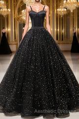 V Neck Glitter Black Long Evening Prom Dresses