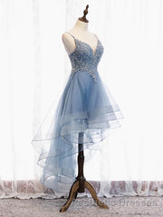 V Neck High Low Blue Lace Evening Prom Dresses, Blue Lace High Low Formal Evening Graduation Dresses