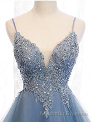 V Neck High Low Blue Lace Evening Prom Dresses, Blue Lace High Low Formal Evening Graduation Dresses