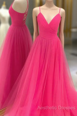 V Neck Hot Pink Backless Evening Prom Dresses, Open Back Hot Pink Long Formal Dresses
