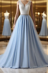 V Neck Light Blue Lace Evening Prom Dresses, Light Blue Lace Formal Evening Dresses