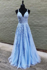 V Neck Long Blue Lace Evening Prom Dresses, Blue Long Lace Formal Evening Bridesmaid Dresses