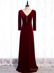 V-neck Long Sleeve Velvet Burgundy Prom Dress