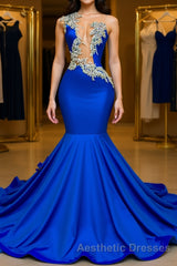 V-neck Mermaid Appliques Lace Sequined Open Back One Shoulder Floor-length Sleeveless Evening Prom Dresses