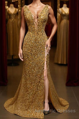 V Neck Mermaid Golden Sequins Long Evening Prom Dresses with High Slit, Mermaid Golden Formal Dresses, Gold Sequins Evening Dresses