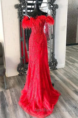 V Neck Mermaid Off Shoulder Red Lace Long Evening Prom Dresses, Mermaid Red Formal Dresses, Red Lace Evening Dresses