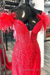 V Neck Mermaid Off Shoulder Red Lace Long Evening Prom Dresses, Mermaid Red Formal Dresses, Red Lace Evening Dresses