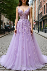 V Neck Off Shoulder Long Lilac Lace Evening Prom Dresses, Off Shoulder Purple Lace Formal Graduation Evening Dresses