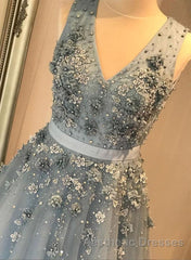 V Neck Open Back Beaded Blue Long Evening Prom Dresses with 3D Flowers, Open Back Blue Formal Graduation Evening Dresses