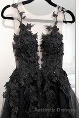 V Neck Open Back Black Tulle Lace Floral Long Evening Prom Dresses, Black Lace Formal Evening Dresses with Appliques