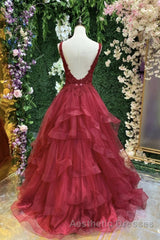 V Neck Open Back Burgundy Lace Long Evening Prom Dresses, Burgundy Lace Formal Evening Dresses, Burgundy Ball Gown