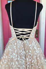 V Neck Open Back Champagne Lace Long Evening Prom Dresses, Champagne Lace Formal Graduation Evening Dresses