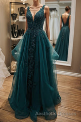 V Neck Open Back Dark Green Lace Beaded Long Evening Prom Dresses, Dark Green Lace Formal Dresses, Dark Green Evening Dresses