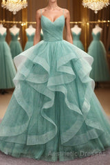V Neck Open Back Fluffy Green Tulle Long Evening Prom Dresses, Green Formal Evening Dresses, Ball Gown