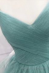 V Neck Open Back Fluffy Green Tulle Long Evening Prom Dresses, Green Formal Evening Dresses, Ball Gown