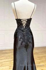 V Neck Open Back Mermaid Black Lace Long Evening Prom Dresses, Mermaid Black Lace Formal Dresses