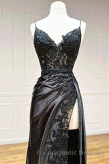 V Neck Open Back Mermaid Black Lace Long Evening Prom Dresses, Mermaid Black Lace Formal Dresses