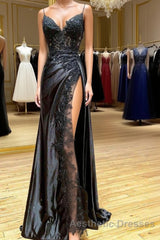 V Neck Open Back Mermaid Black Lace Long Evening Prom Dresses with High Slit, Mermaid Black Formal Dresses, Black Lace Evening Dresses