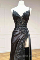 V Neck Open Back Mermaid Black Lace Long Evening Prom Dresses with High Slit, Mermaid Black Formal Dresses, Black Lace Evening Dresses
