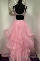V Neck Open Back Pink Lace Puffy Tulle Long Evening Prom Dresses, Pink Lace Formal Dresses, Pink Evening Dresses